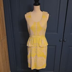 Buy 2 Get 1 Free NWT BCBGMaxAzria Yellow & Cream Peplum Midi Lined Lace Sz 4